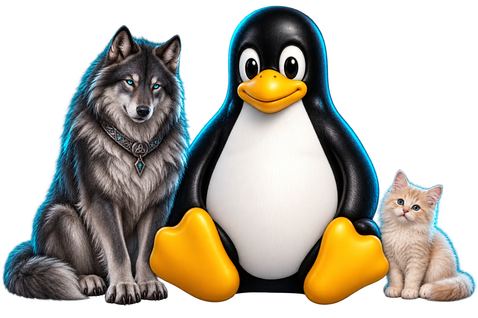 The dominant Linux Tux penguin in the center, with Fenrir on the left and a cute kitten on the right, in front of a point-cloud globe.
